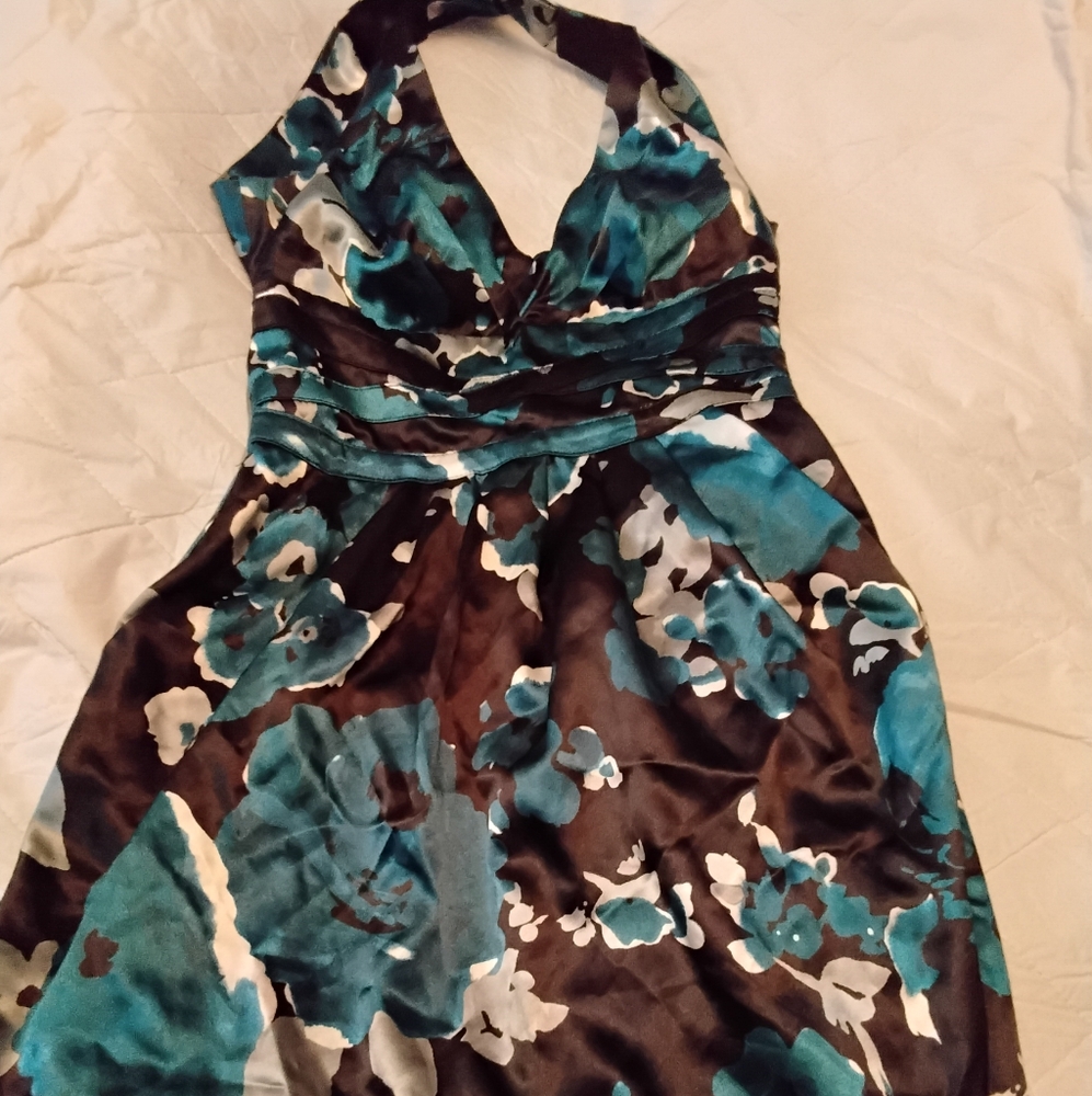B Darlin Blue and Brown Ruched Halter Sundress